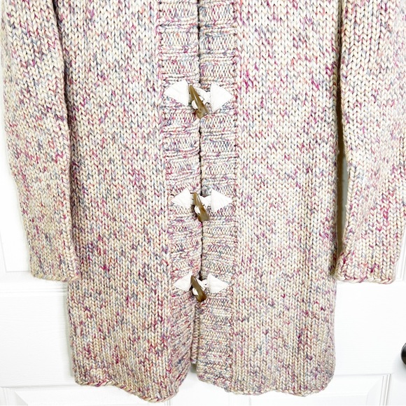 Kenji Multicolored Horn Buckle Hooded Heavyweight Midi Cardigan Sweater Womens M - Picture 4 of 9
